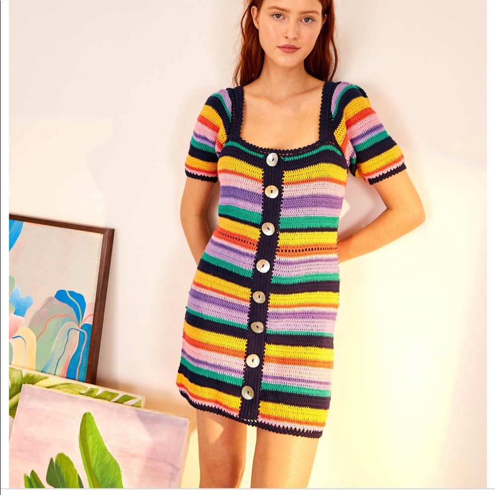 Anthropologie Farm Rio Rainbow Crochet Mini Dress. NWT